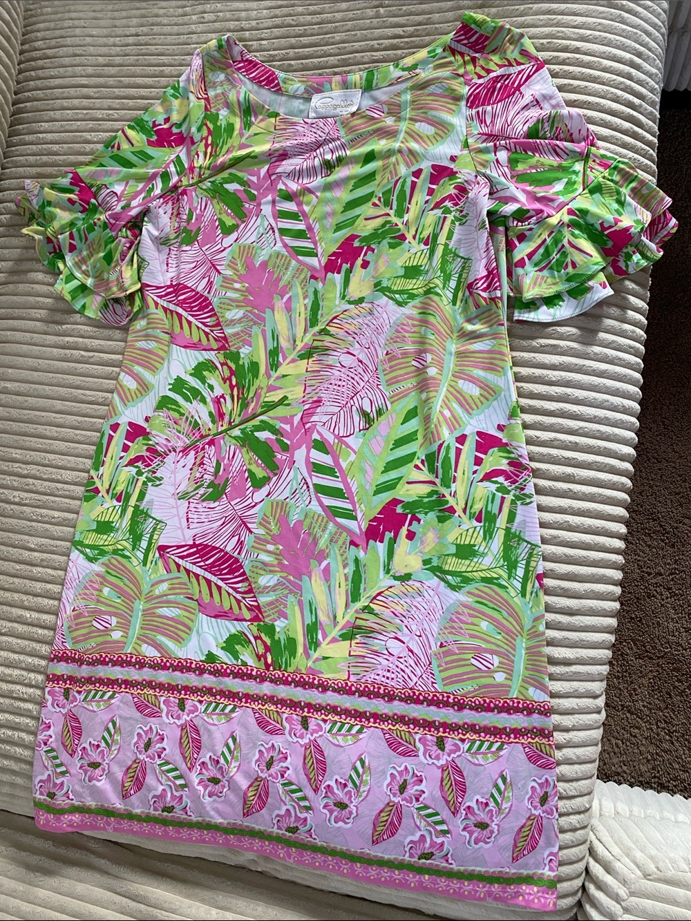 Womens Pink & Green Tropical Print Ruffle Sleeve Dress
